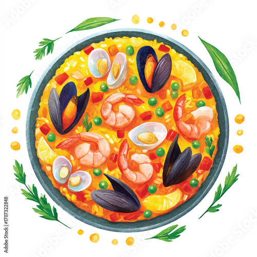 Vibrant seafood paella dish with shrimp and mussels a Spanish culinary delight.