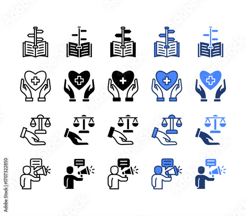 Guidance, Legal Service, Aid, Advocacy, multiple style icon set.