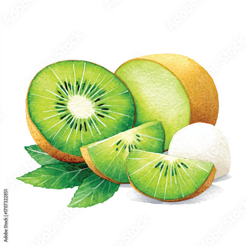Vibrant Slices of Fresh Kiwi Fruit and a Whole Kiwi.