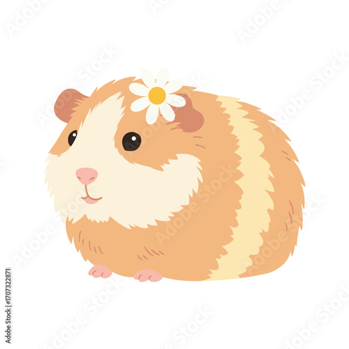 Cute cartoon guinea pig with daisy on head in adorable pose – flat illustration