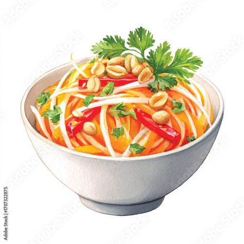 Vibrant Thai Green Papaya Salad Som Tum in a White Bowl.