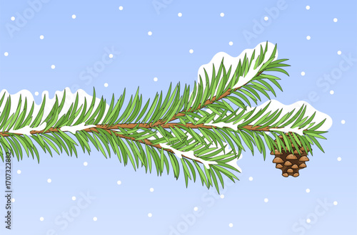Cute cartoon fir branch with cone and snow. Winter Vector illustration with a blue background.