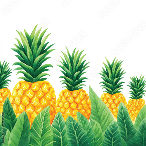 Vibrant watercolor illustration of a row of tropical pineapples.