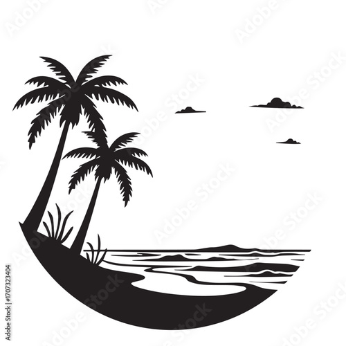 vector illustration of a tropical beach, palm, beach, tree, sea, tropical, summer, island, sun, vector, ocean, nature, illustration, travel, landscape, water, sunset, sky, sand, vacation, silhouette, 