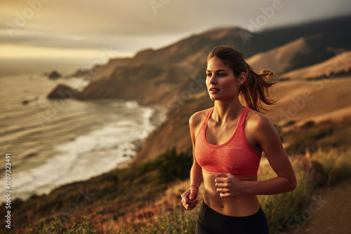 A dedicated runner enjoys a scenic coastal trail at sunset, wearing athletic gear. The breathtaking views of cliffs and ocean enhance the fitness journey