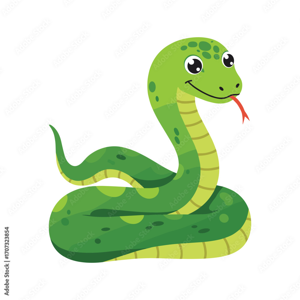 Naklejka premium Cartoon green snake with red tongue – flat illustration
