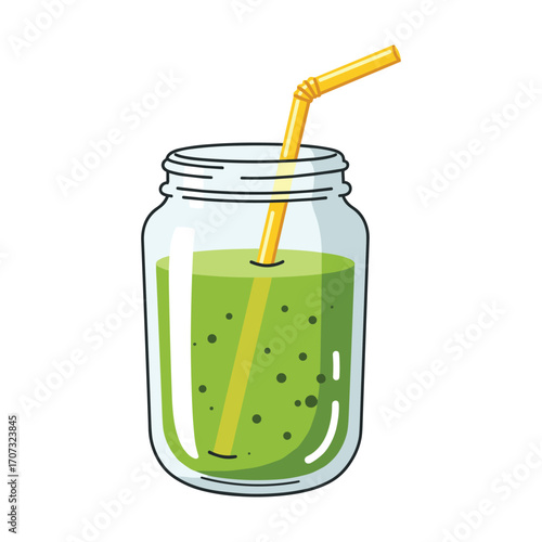 Refreshing green smoothie in jar with yellow straw and bubbles – flat illustration