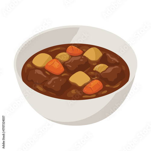 Hearty bowl of beef stew with vegetables in white bowl – flat illustration