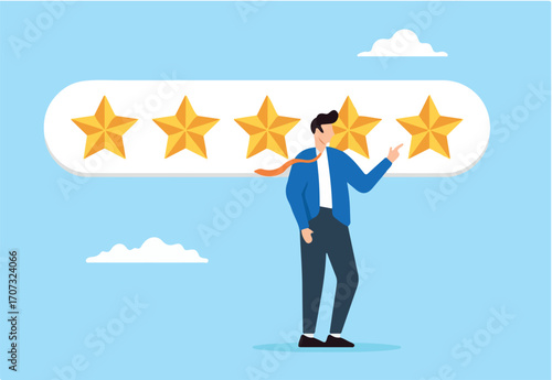 Businessman manager giving star review for performance excellence in flat design