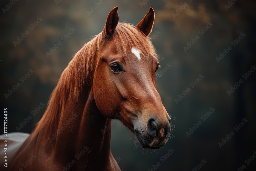 Fototapeta premium Majestic brown horse with a white marking in a serene background during golden hour