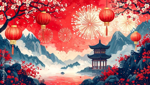 Festive Asian landscape with cherry blossoms, lanterns, and fireworks