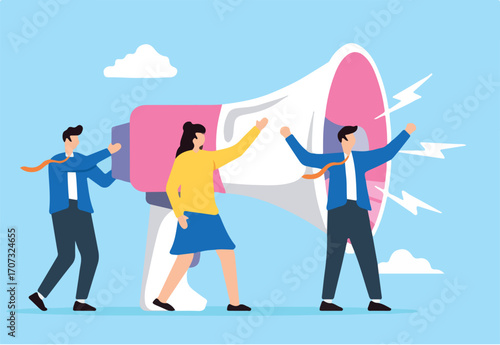 Public relations professional amplify message on megaphone in flat design