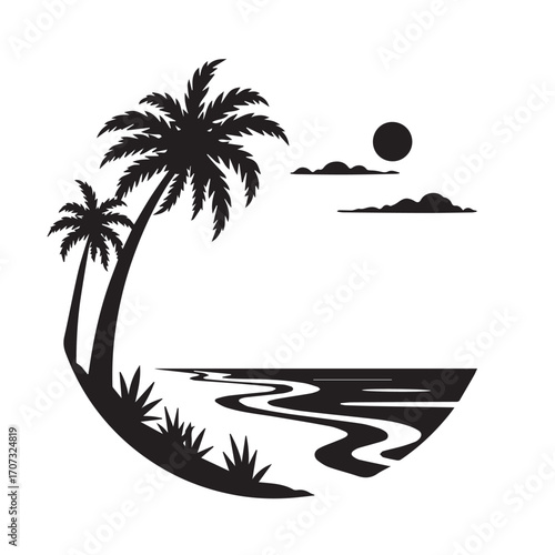 vector illustration of a tropical beach, palm, beach, tree, sea, tropical, summer, island, sun, vector, ocean, nature, illustration, travel, landscape, water, sunset, sky, sand, vacation, silhouette, 