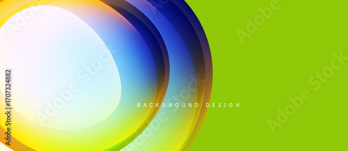 Bright abstract layers create vibrant gradient effect. Green background complements colorful circular design elements. Modern visual presentation.