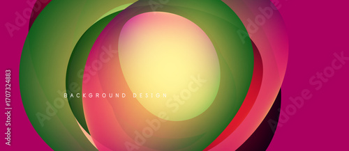 Abstract layers create vibrant circular design. Pink, green, yellow hues blend smoothly. Modern background element for projects.