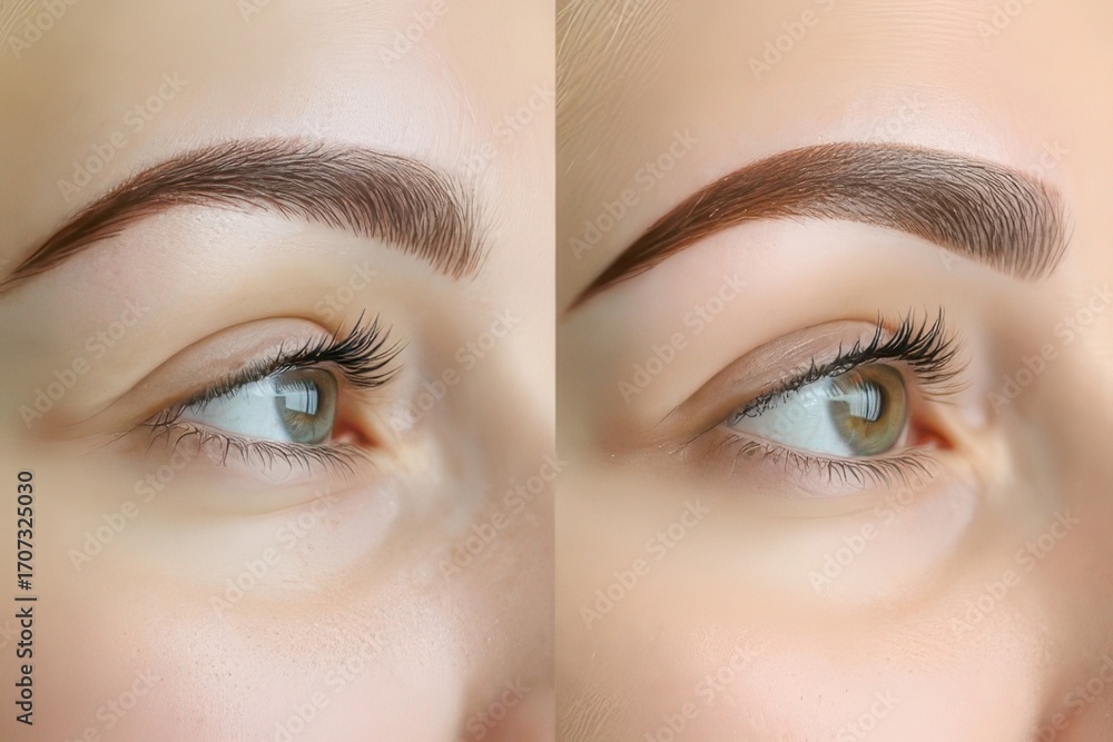 Fototapeta premium Transformation of eyebrow shape with background showing natural beauty and enhanced features after grooming session