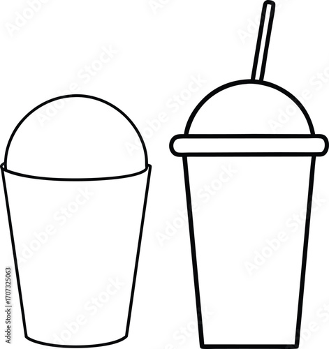 Two black line art drawings of disposable beverage cups one with a dome lid and straw drink takeaway
