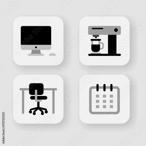 Four simple icons depicting office work essentials: computer, coffee maker, desk chair, and calendar.