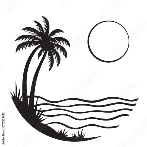vector illustration of a tropical beach, palm, beach, tree, sea, tropical, summer, island, sun, vector, ocean, nature, illustration, travel, landscape, water, sunset, sky, sand, vacation, silhouette, 