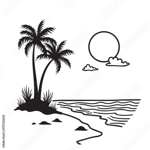vector illustration of a tropical beach, palm, beach, tree, sea, tropical, summer, island, sun, vector, ocean, nature, illustration, travel, landscape, water, sunset, sky, sand, vacation, silhouette, 