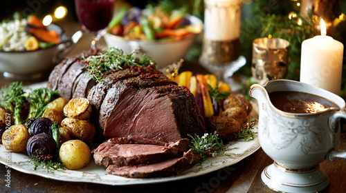 Christmas table with roast beef, roasted vegetables, gravy boat, festive candles