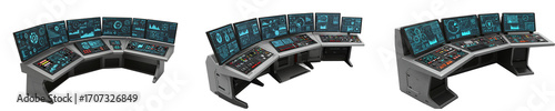 Futuristic Control Room Consoles on Transparent Background