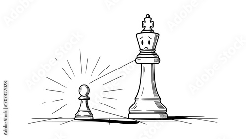 A small pawn chess piece shines brightly, intimidating a large king chess piece