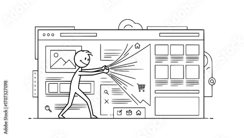 Stick figure pulling apart a website interface