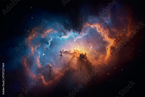 A breathtaking cosmic nebula displaying a vibrant interplay of blue and orange gases and dust clouds in deep space, revealing the beauty of stellar nurseries.