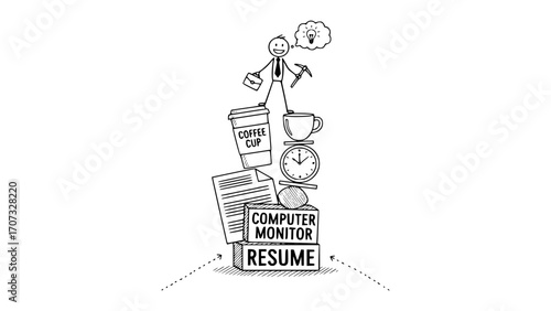 Stick figure balancing on a stack of items representing work and career