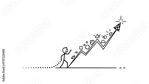 Stick figure climbing a jagged upward trending graph