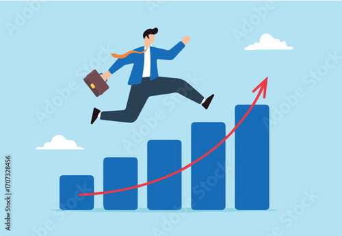 Businessman running up on growth chart