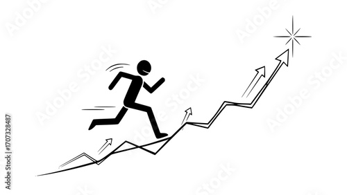 Stick figure running fast up a jagged upward trending graph