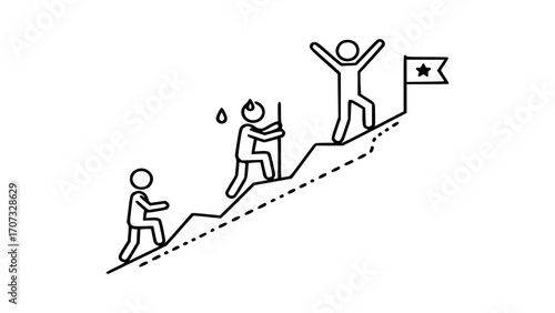 Climbing a steep path towards a goal with determination and reaching the summit