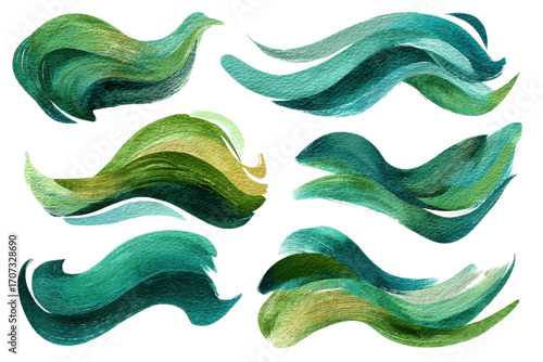Abstract watercolor brush stroke flow shape transparent PNG set bundle isolated background. Vibrant, vivid, colorful art shapes, bright pear forest green color texture design