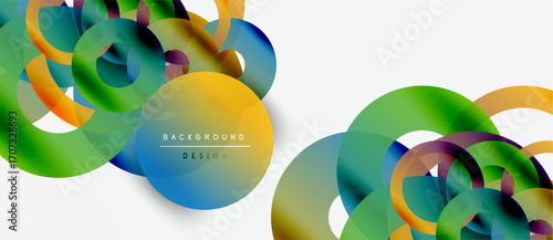 Abstract colorful circles overlap, creating dynamic visual effect. Gradient hues blend smoothly, forming modern background design.