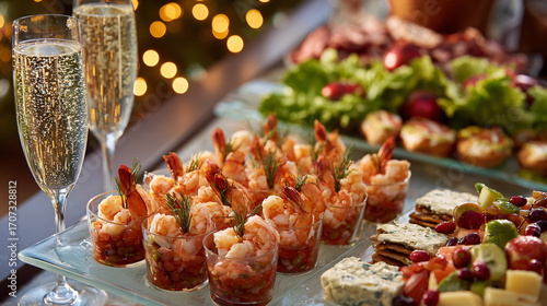festive buffet with shrimp cocktails, cheese platter, sparkling drinks, Christmas theme