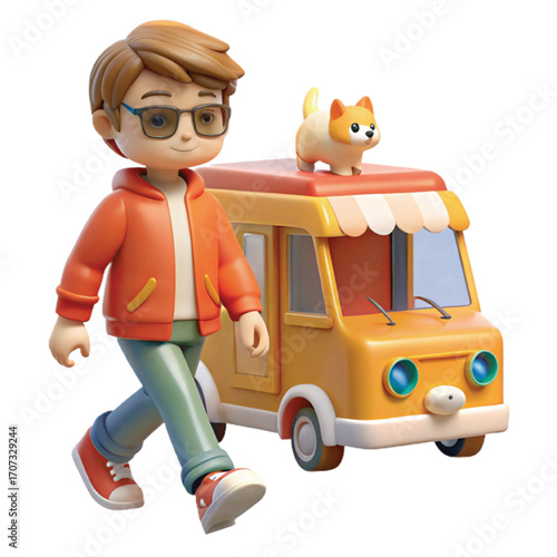 Boy walking with dog on van isolated on white background