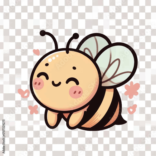 Cute kawaii bee character smiling happily with pink cheeks.