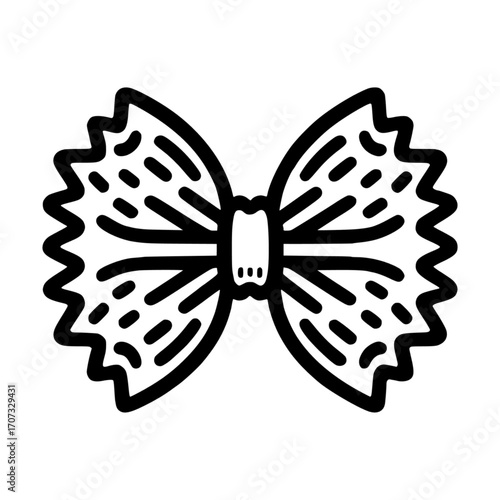 Bowtie pasta outline design showing iconic farfalle shape  black and white vector icon with transparent background 