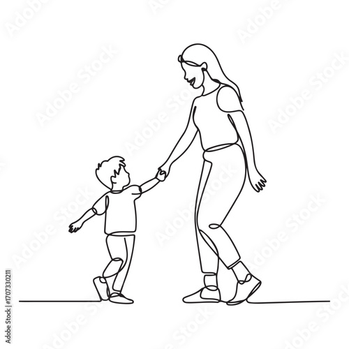 One single line Art drawing young happy mom and her son holding hands and dancing together graphic vector illustration. with white background