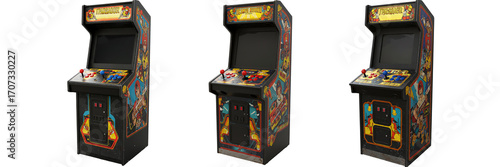 Vintage arcade game machines retro gaming cabinets isolated transparent background