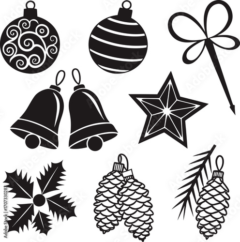 Christmas ornaments bells pine cones holly star and bow