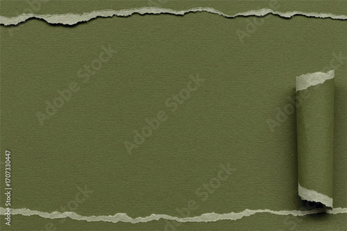 A torn green paper background with a rolled-up corner on the right side, creating a textured effect.