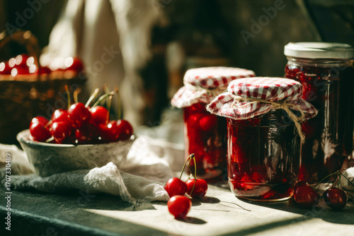 Glass jars of cherry preserves in daylight — cozy kitchen still life with summer fruit mood