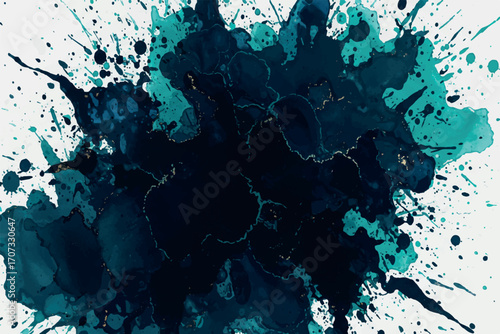 Abstract ink splash with dark blue and teal colors, artistic and expressive.