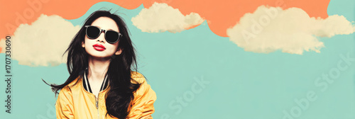 In an artistic portrayal, a woman with long hair and sunglasses gazes upwards at a vibrant sky filled with pink and blue clouds on a sunny day, banner