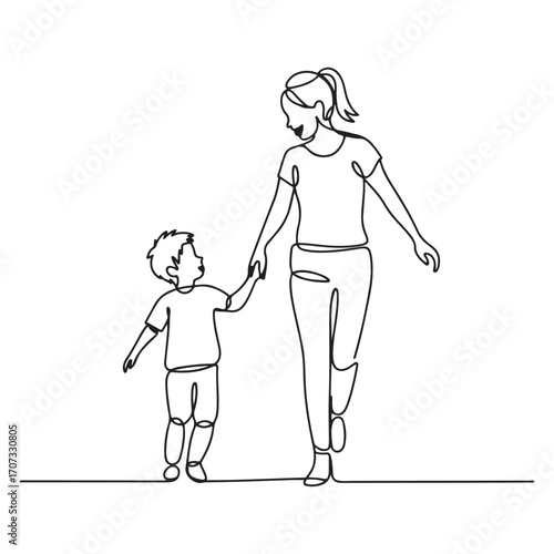 One single line Art drawing young happy mom and her son holding hands and dancing together graphic vector illustration. with white background