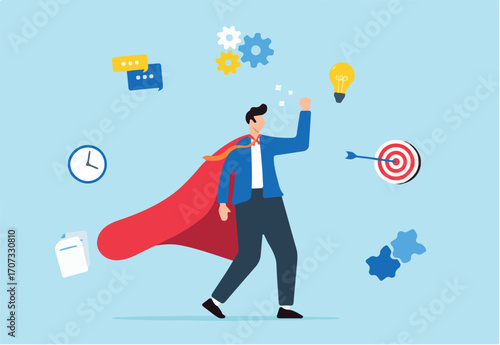 Successful manager or businessman wearing super hero cloak stand with competency skill set