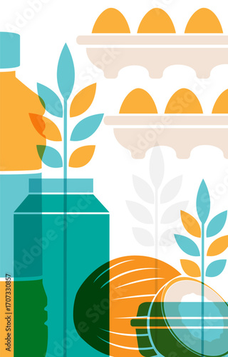 Food poster. Milk, eggs, oil and cereal. Silhouettes of organic products in retail shop.